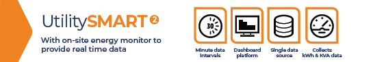 The image displays the logo of UtilitySMART and icons representing on-site energy monitoring features, like real-time data, minute data intervals, dashboard platform, single data source, and cost savings.