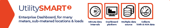 The image displays the UtilitySMART logo with icons and text highlighting features such as an enterprise dashboard, minute data intervals, and data collection capabilities for energy management.