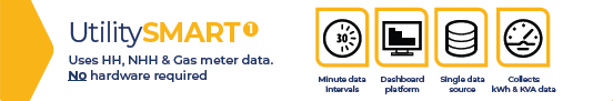 The image displays the logo of UtilitySMART along with icons representing meter data and services offered like minute data intervals and a dashboard platform, with no hardware required.