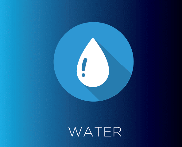 The image shows a stylized water droplet icon with an exclamation mark on a blue gradient background, accompanied by the word WATER below.