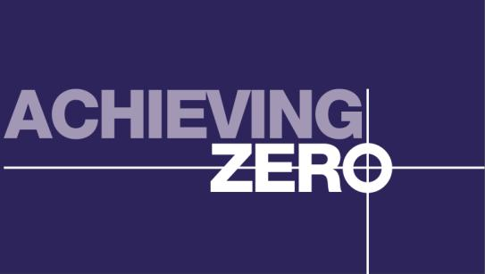 The image displays the text ACHIEVING ZERO in white over a purple background, with a target-like symbol next to the word ZERO.