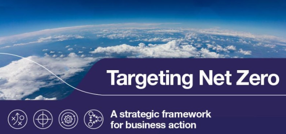 The image displays a view of the Earth's horizon from high altitude, with text overlay about a strategic framework for business action targeting net zero.