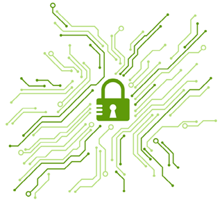 The image shows a green circuit board pattern with a padlock symbol in the center, representing digital security or cybersecurity.