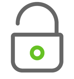 A gray padlock icon with an open shackle and a green dot in the center, symbolizing unlocked or accessible status.