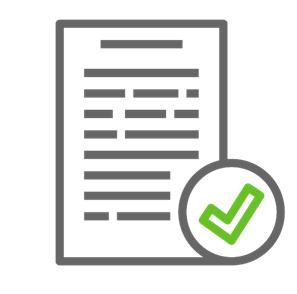 The image displays an icon of a document with text lines and a green checkmark, suggesting an approved or verified document.