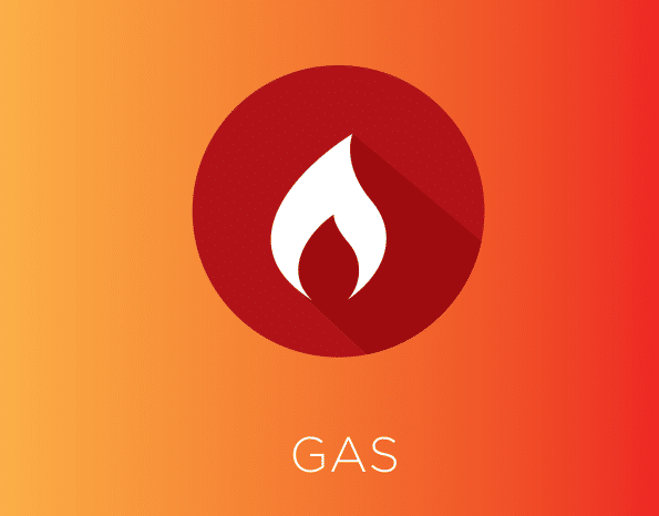 The image shows a graphic design with a stylized flame icon within a red circle over a gradient orange and yellow background, accompanied by the word GAS below.