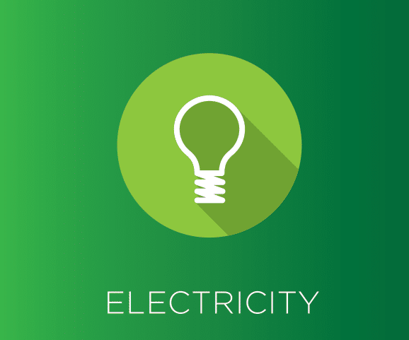 The image shows a stylized light bulb icon with the word ELECTRICITY below it, all against a green background.